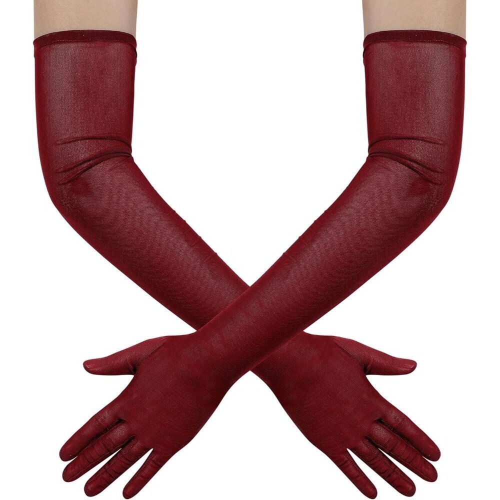 Women's Tulle Burgundy Long Stretchy Gloves Halloween Party Wedding Costume
